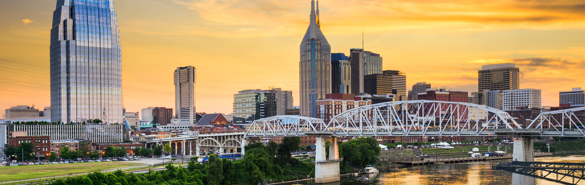Panoramic view of Nashville skyline with yellow sky